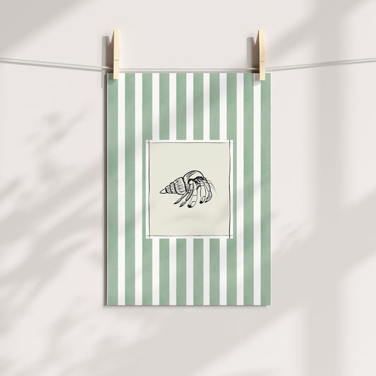 hermit crab with greeny blue watercolour striped surround - fish art print by cat dearlove