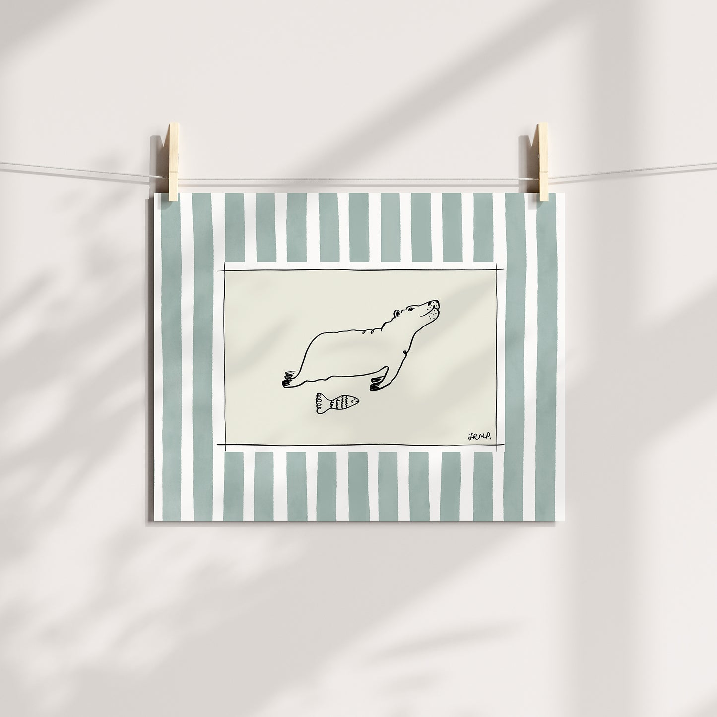 hippo and fish with greeny grey watercolour striped surround - animals art print by cat dearlove