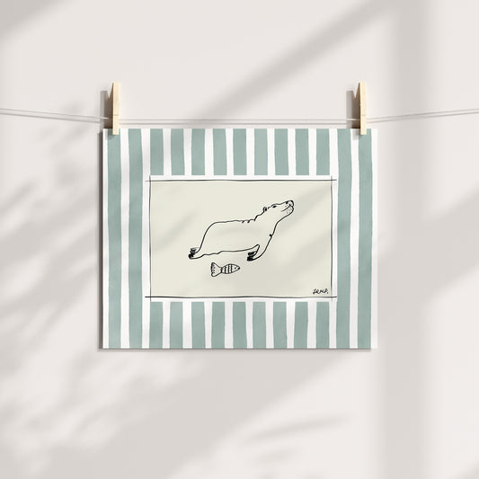 hippo and fish with greeny grey watercolour striped surround - animals art print by cat dearlove