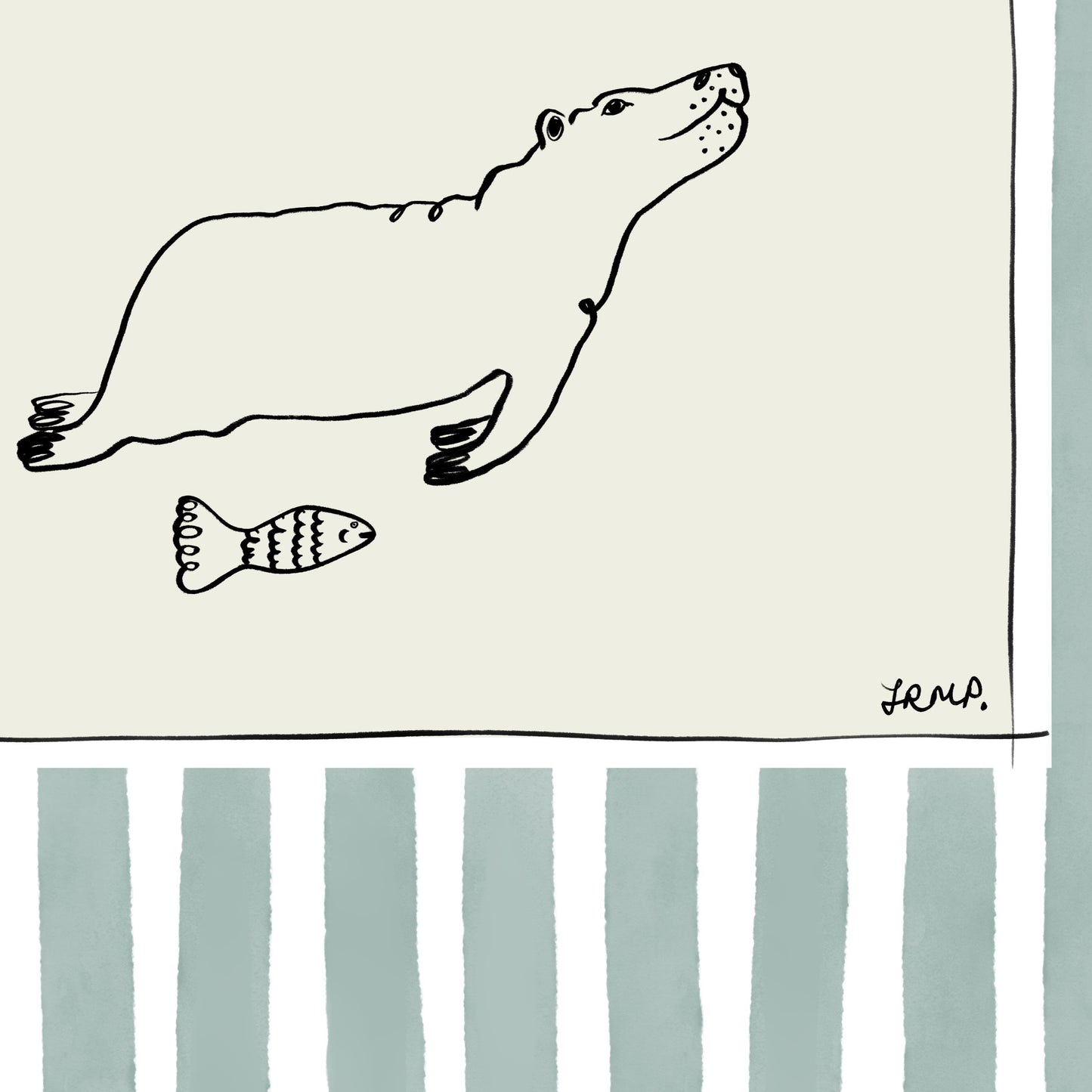 hippo and fish with greeny grey watercolour striped surround - animals art print by cat dearlove