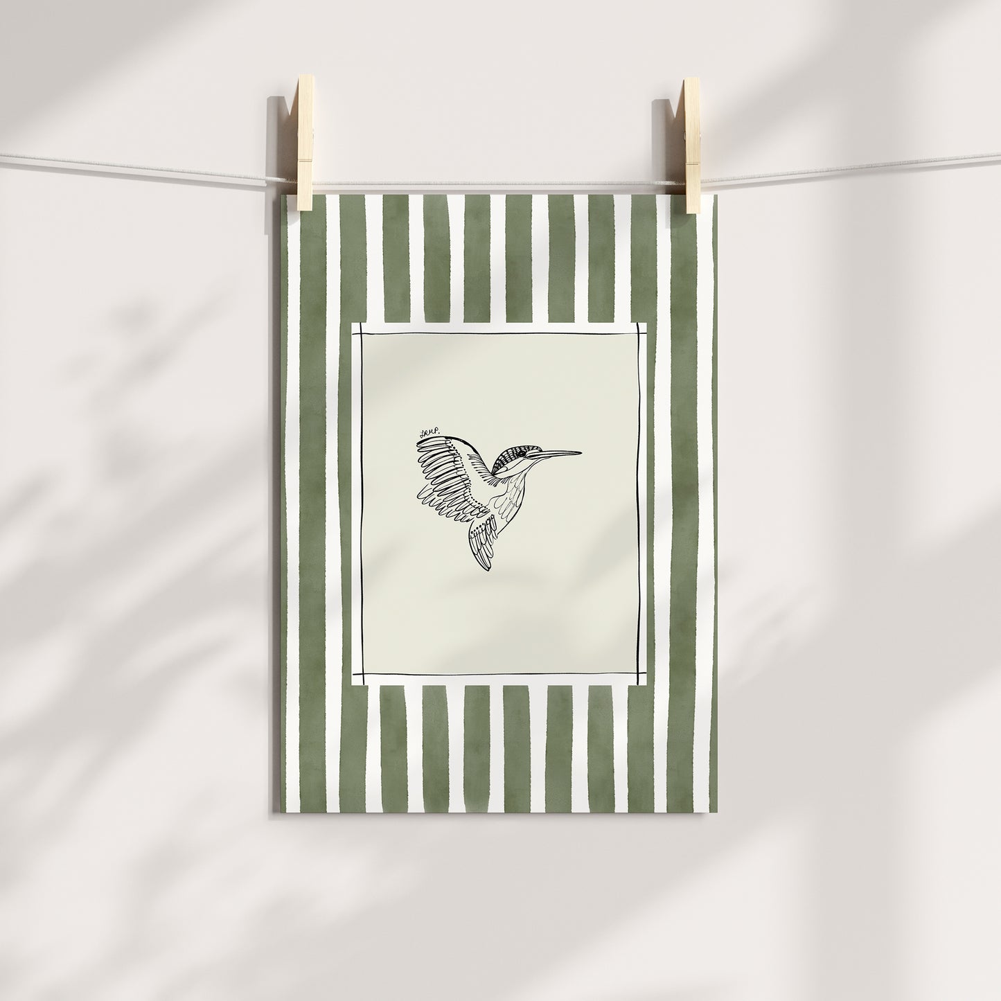 kingfisher with moss green watercolour striped surround - birds art print by cat dearlove