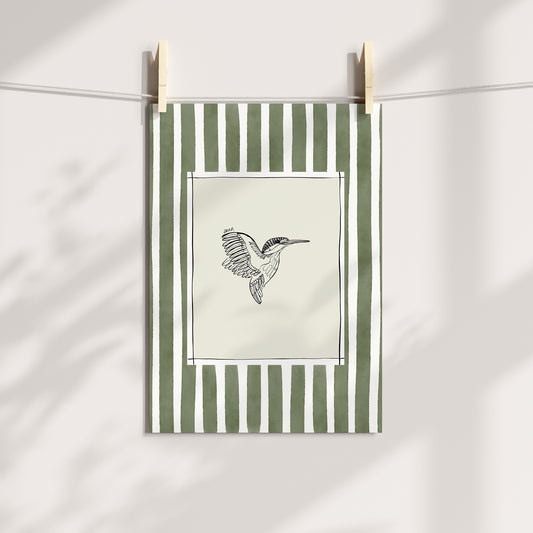 kingfisher with moss green watercolour striped surround - birds art print by cat dearlove