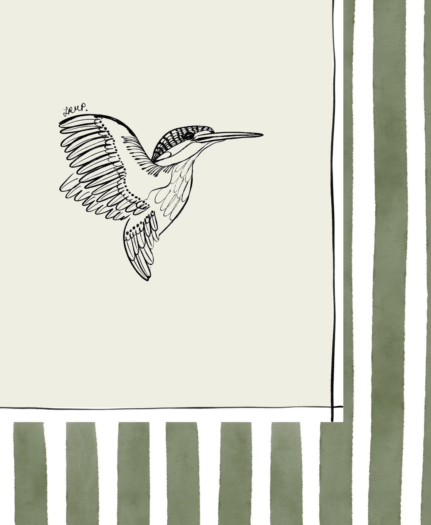kingfisher with moss green watercolour striped surround - birds art print by cat dearlove