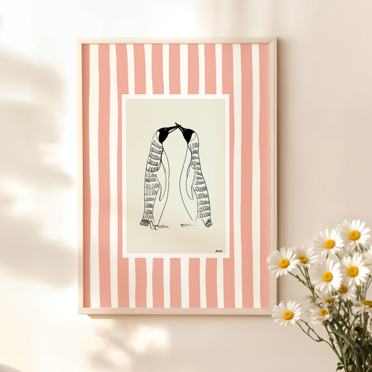 kissing penguins with pink watercolour striped surround - birds art print by cat dearlove