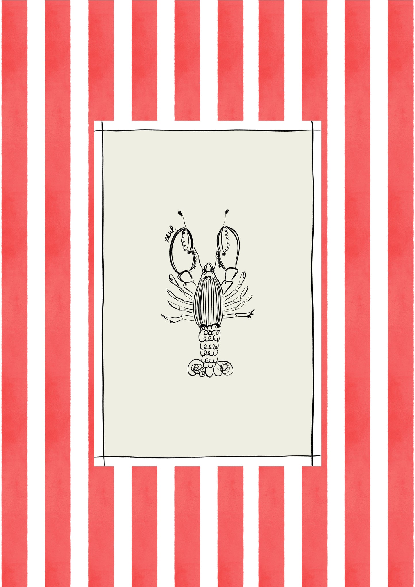 lobster with red watercolour striped surround - fish art print by cat dearlove