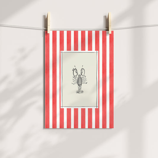 lobster with red watercolour striped surround - fish art print by cat dearlove