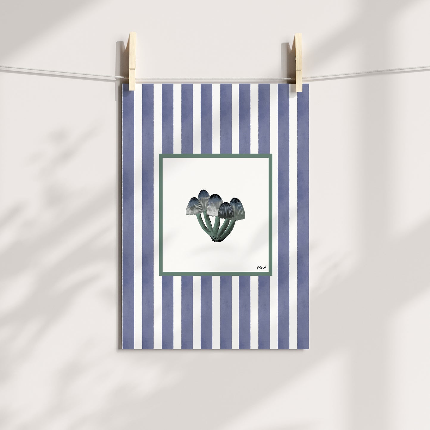 mushrooms 1 in colour with purple watercolour striped surround - nature art print by cat dearlove