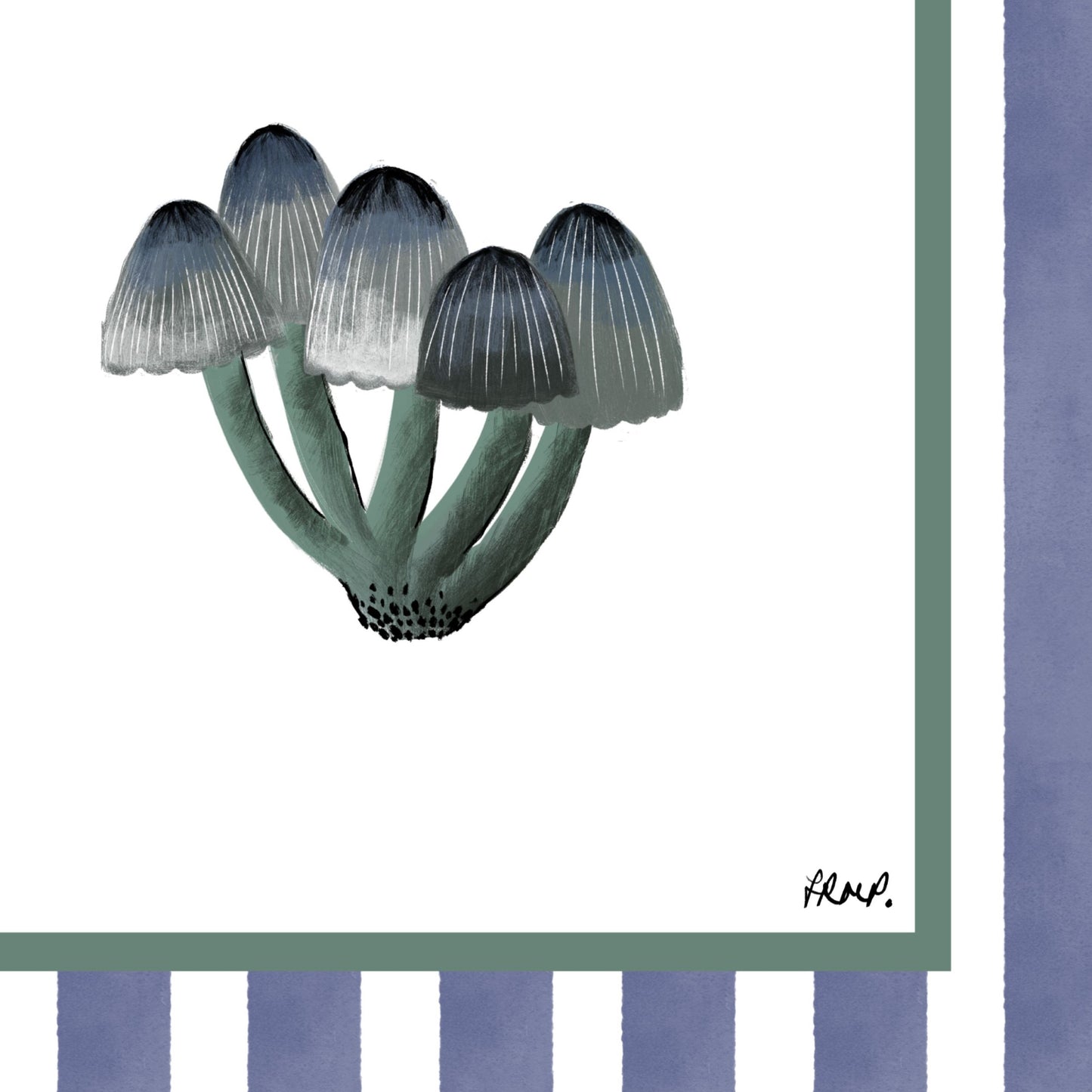 mushrooms 1 in colour with purple watercolour striped surround - nature art print by cat dearlove