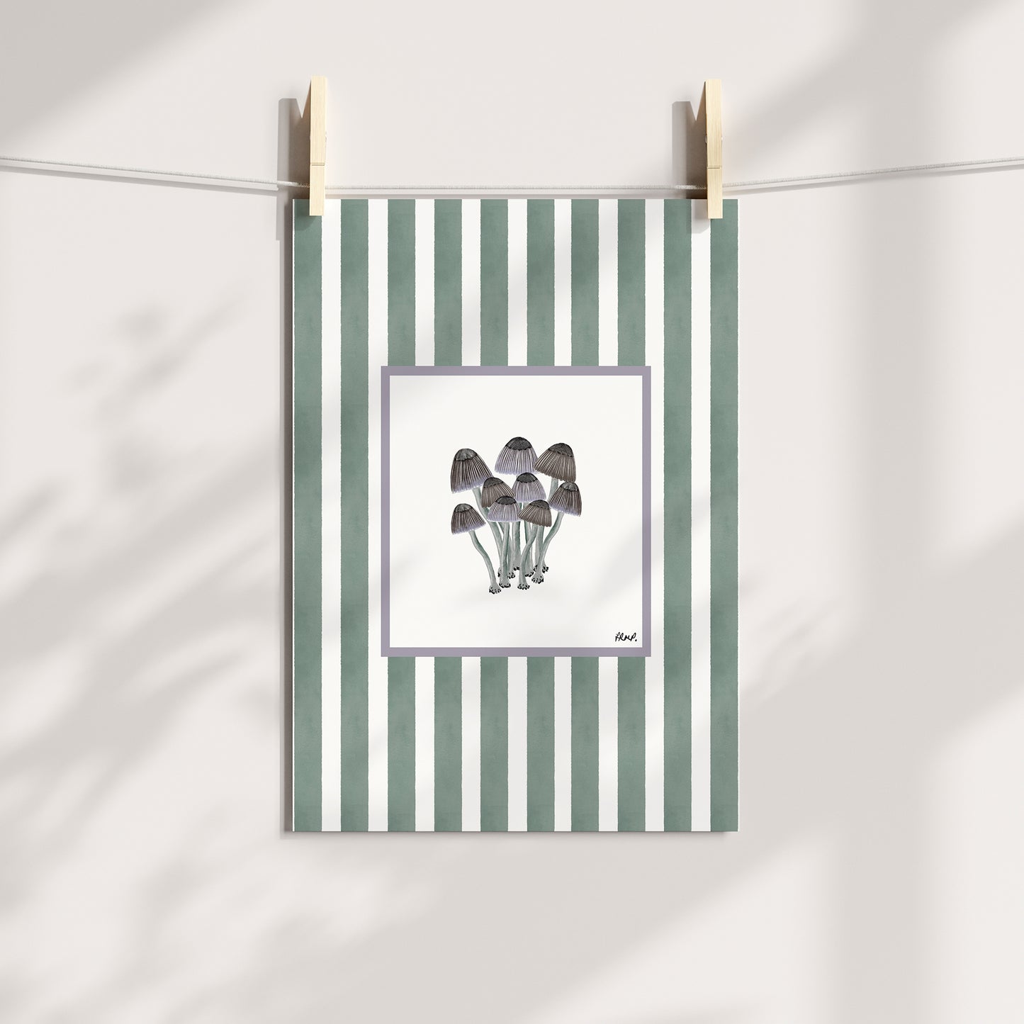 mushrooms 2 in colour with green watercolour striped surround - nature art print by cat dearlove