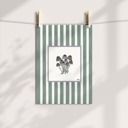 mushrooms 2 in colour with green watercolour striped surround - nature art print by cat dearlove