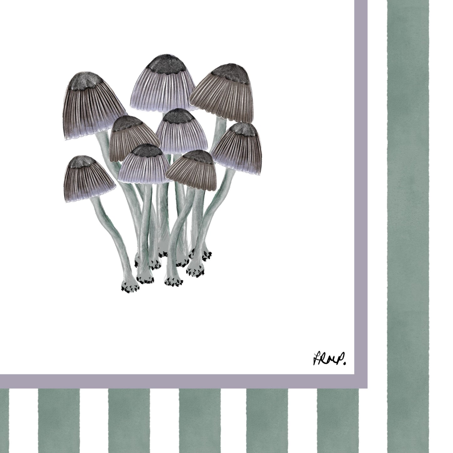 mushrooms 2 in colour with green watercolour striped surround - nature art print by cat dearlove