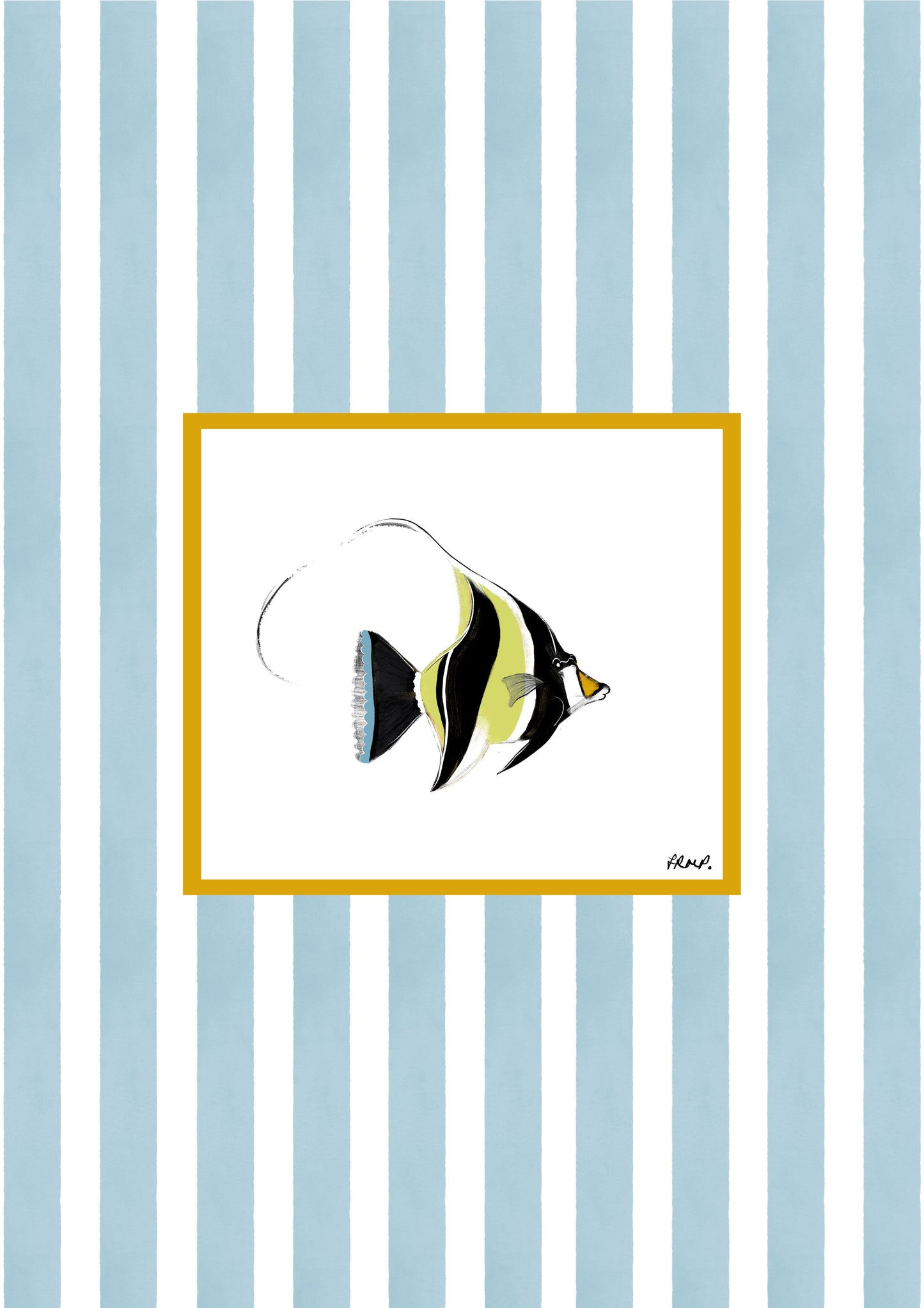 moorish idol fish in colour with blue watercolour striped surround - fish art print by cat dearlove