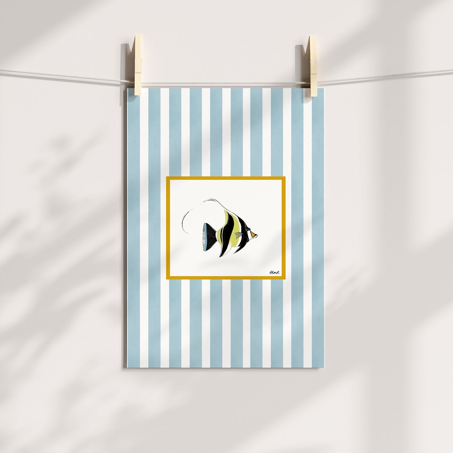 moorish idol fish in colour with blue watercolour striped surround - fish art print by cat dearlove