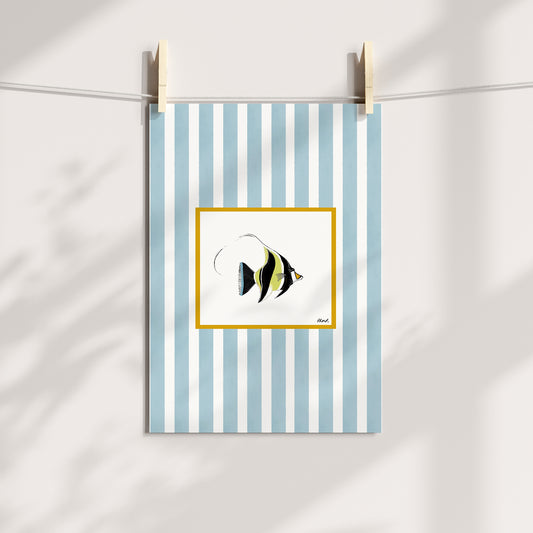 moorish idol fish in colour with blue watercolour striped surround - fish art print by cat dearlove