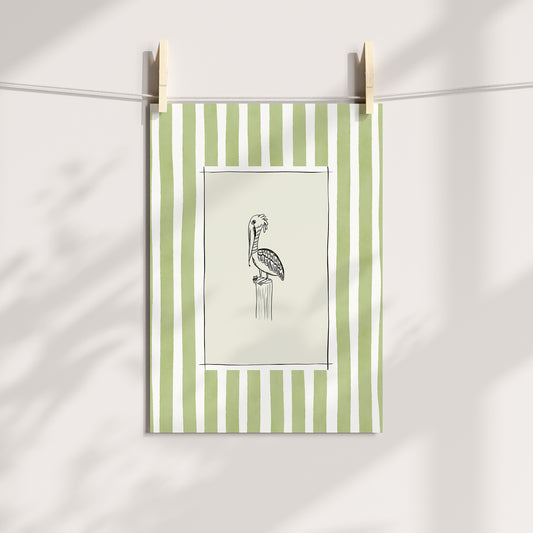 pelican on pole with light green watercolour striped surround - birds art print by cat dearlove