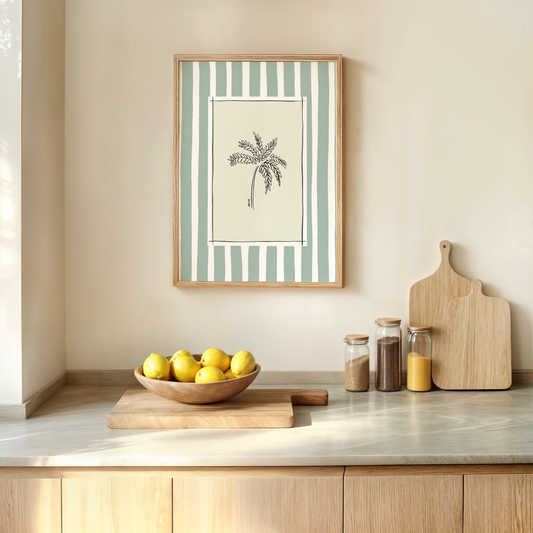 palm tree with green watercolour striped surround - nature art print by cat dearlove