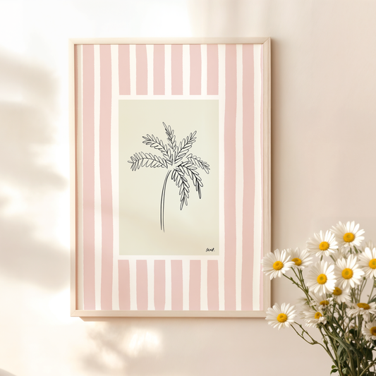 palm tree with pink watercolour striped surround - nature art print by cat dearlove