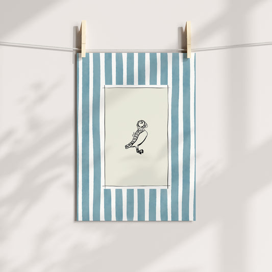 puffin with blue watercolour striped surround - birds art print by cat dearlove