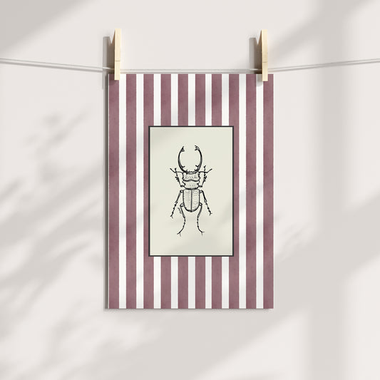 stag beetle with purple watercolour striped surround - bugs art print by cat dearlove
