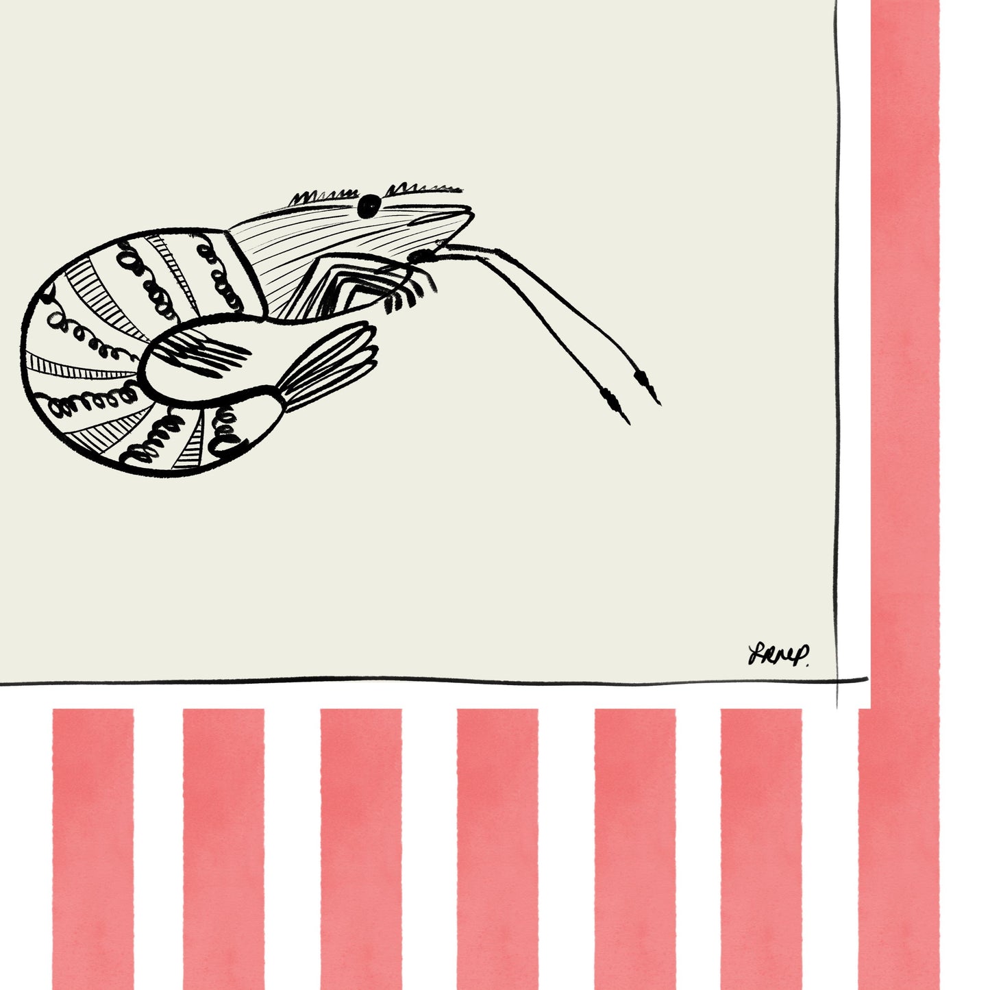 shrimp with pink watercolour striped surround - fish art print by cat dearlove