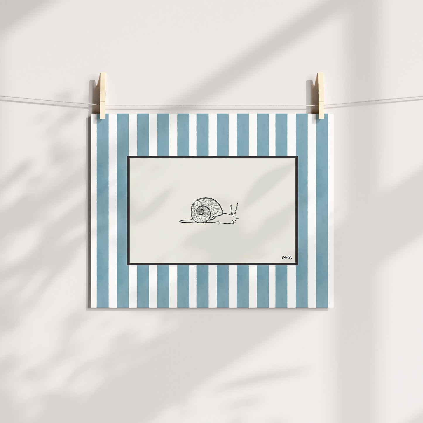 snail with blue watercolour striped surround - bugs art print by cat dearlove