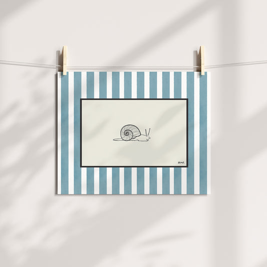 snail with blue watercolour striped surround - bugs art print by cat dearlove