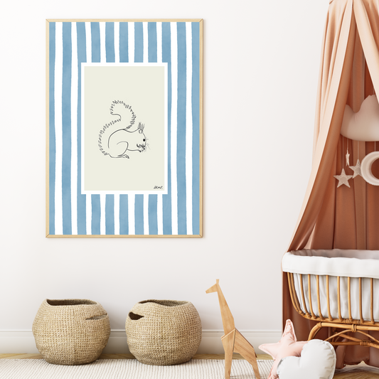 squirrel with blue watercolour striped surround - animals art print by cat dearlove