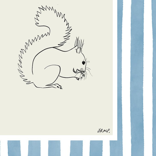 squirrel with blue watercolour striped surround - animals art print by cat dearlove
