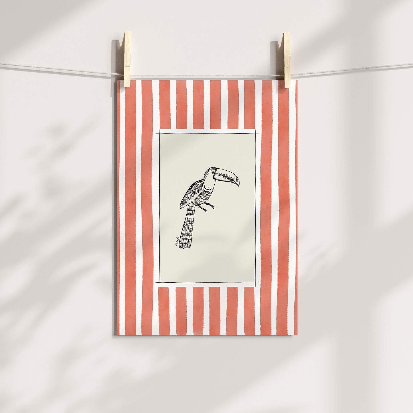 toucan with coral watercolour striped surround - birds art print by cat dearlove