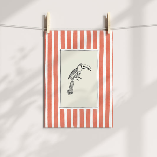 toucan with coral watercolour striped surround - birds art print by cat dearlove
