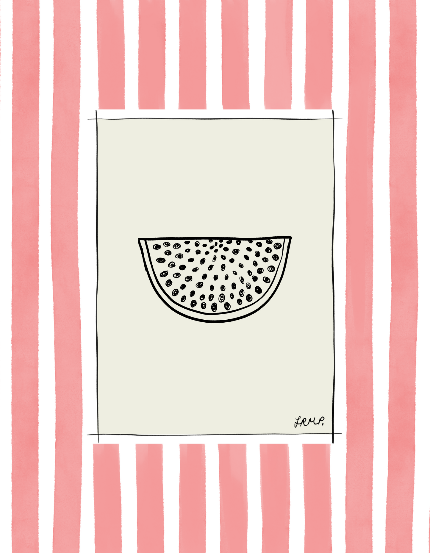 watermelon with coral watercolour striped surround - fruit art print by cat dearlove