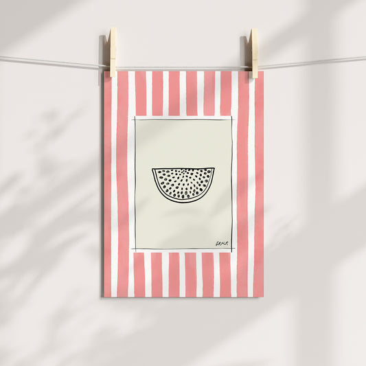 watermelon with coral watercolour striped surround - fruit art print by cat dearlove