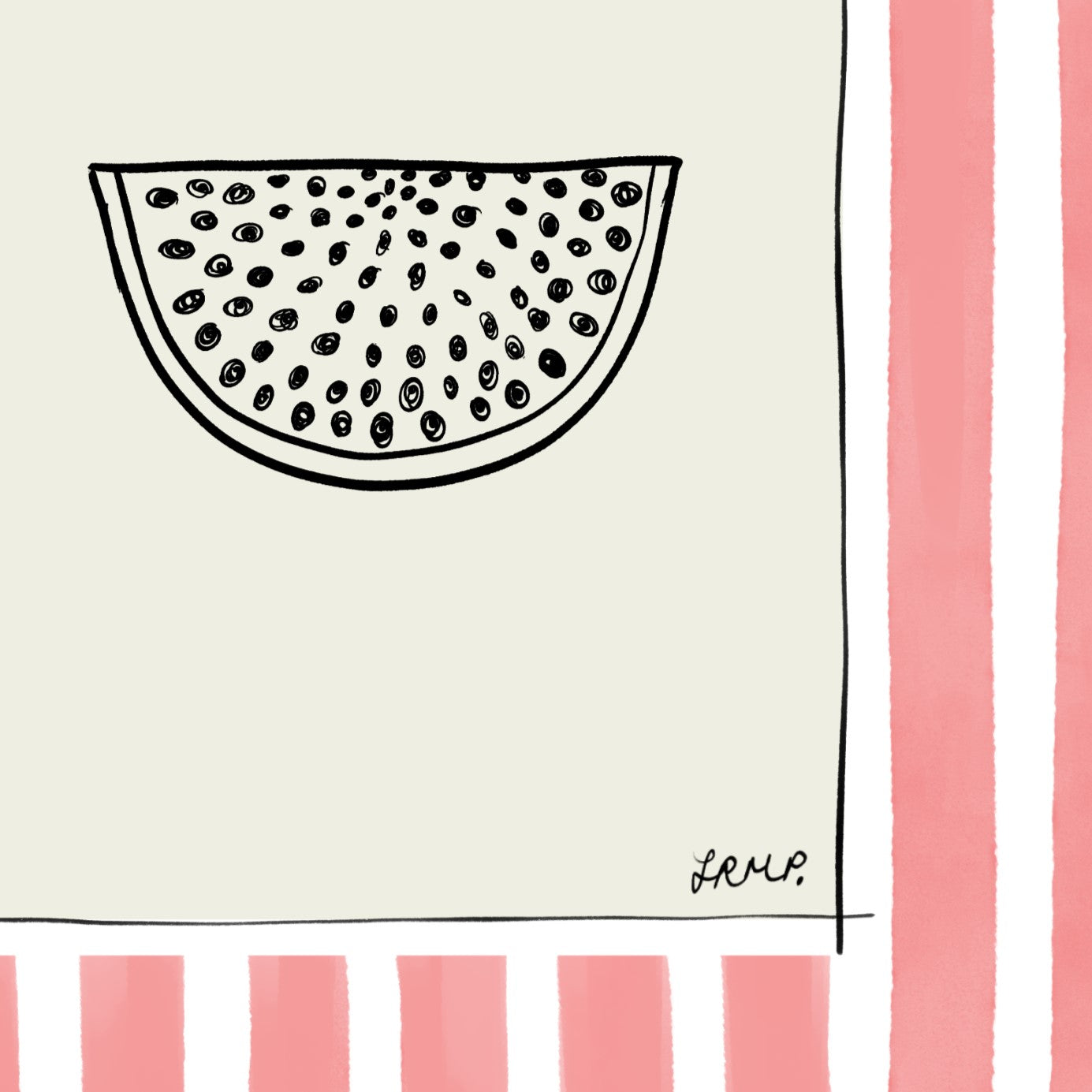 watermelon with coral watercolour striped surround - fruit art print by cat dearlove