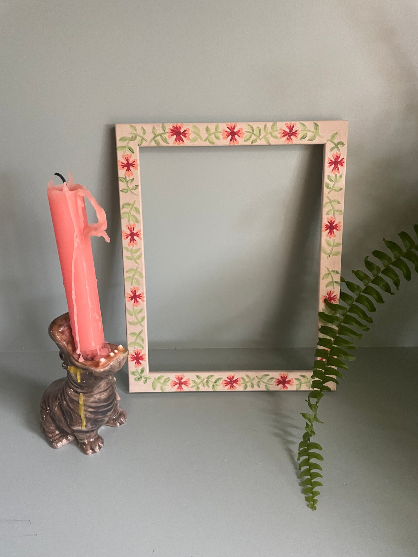 hand-painted frame – green and pink floral design on white