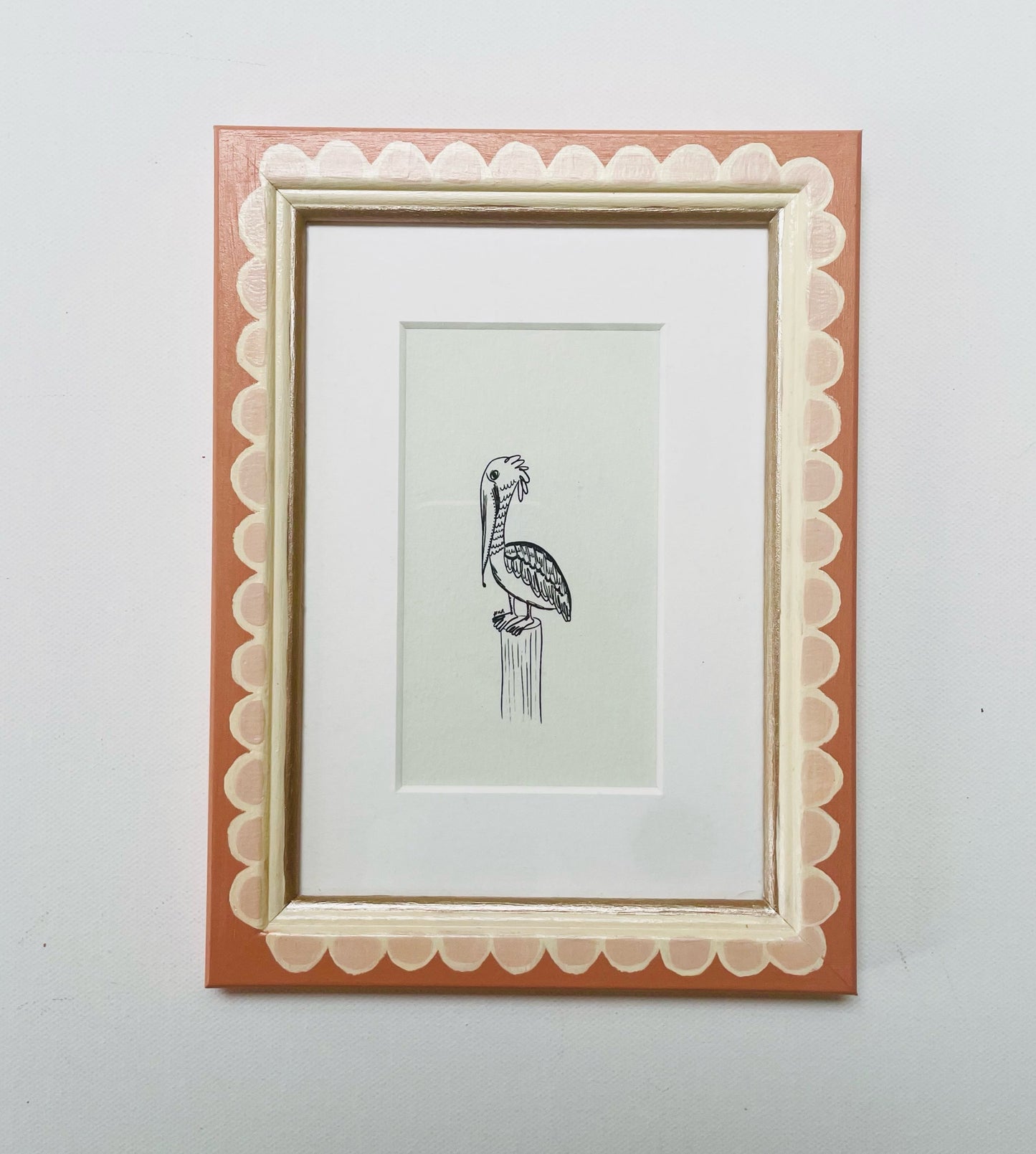 ready to hang – pelican black and white line drawing – framed art print by cat dearlove
