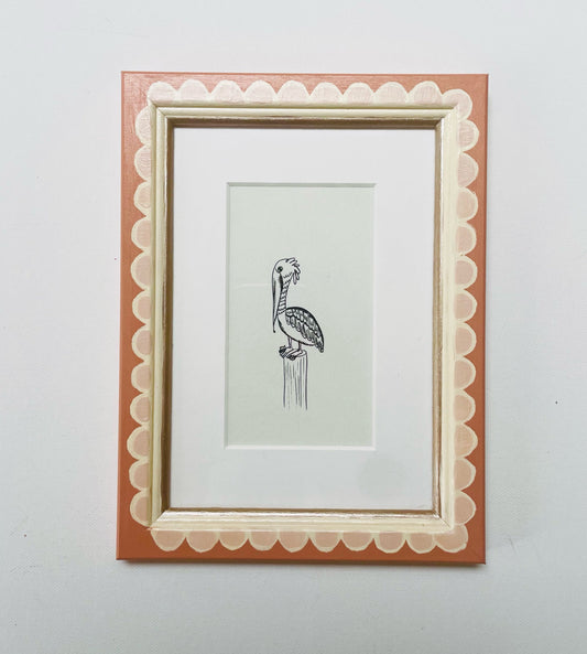 ready to hang – pelican black and white line drawing – framed art print by cat dearlove