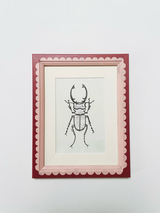 ready to hang – stag beetle black and white line drawing – framed art print by cat dearlove