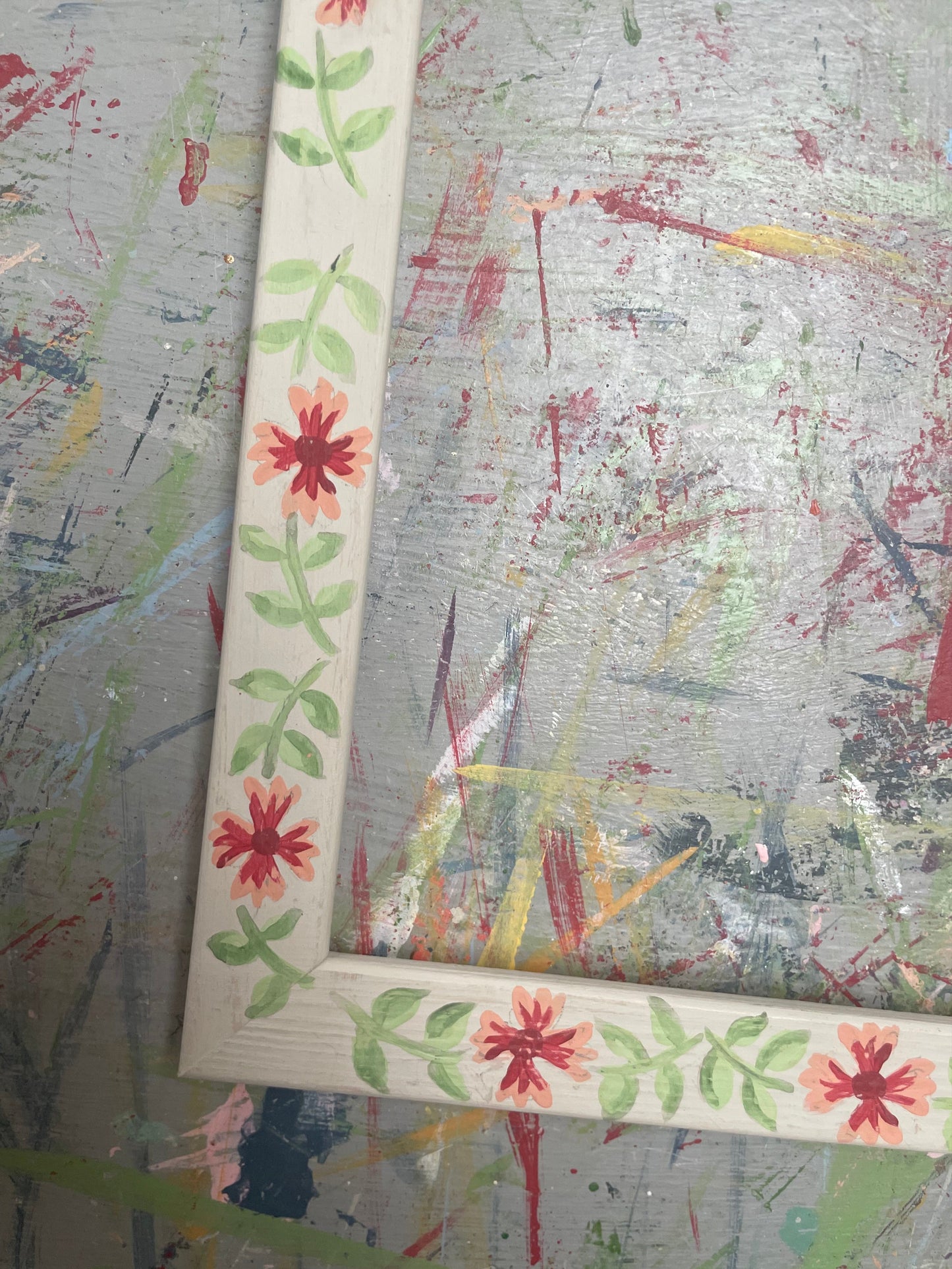 hand-painted frame – green and pink floral design on white