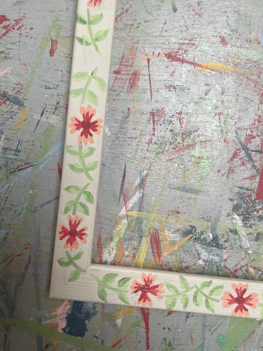 hand-painted frame – green and pink floral design on white