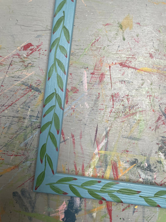 hand-painted frame – green leaves on blue