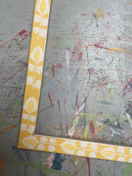 hand-painted frame – yellow with white leaf and silver trim