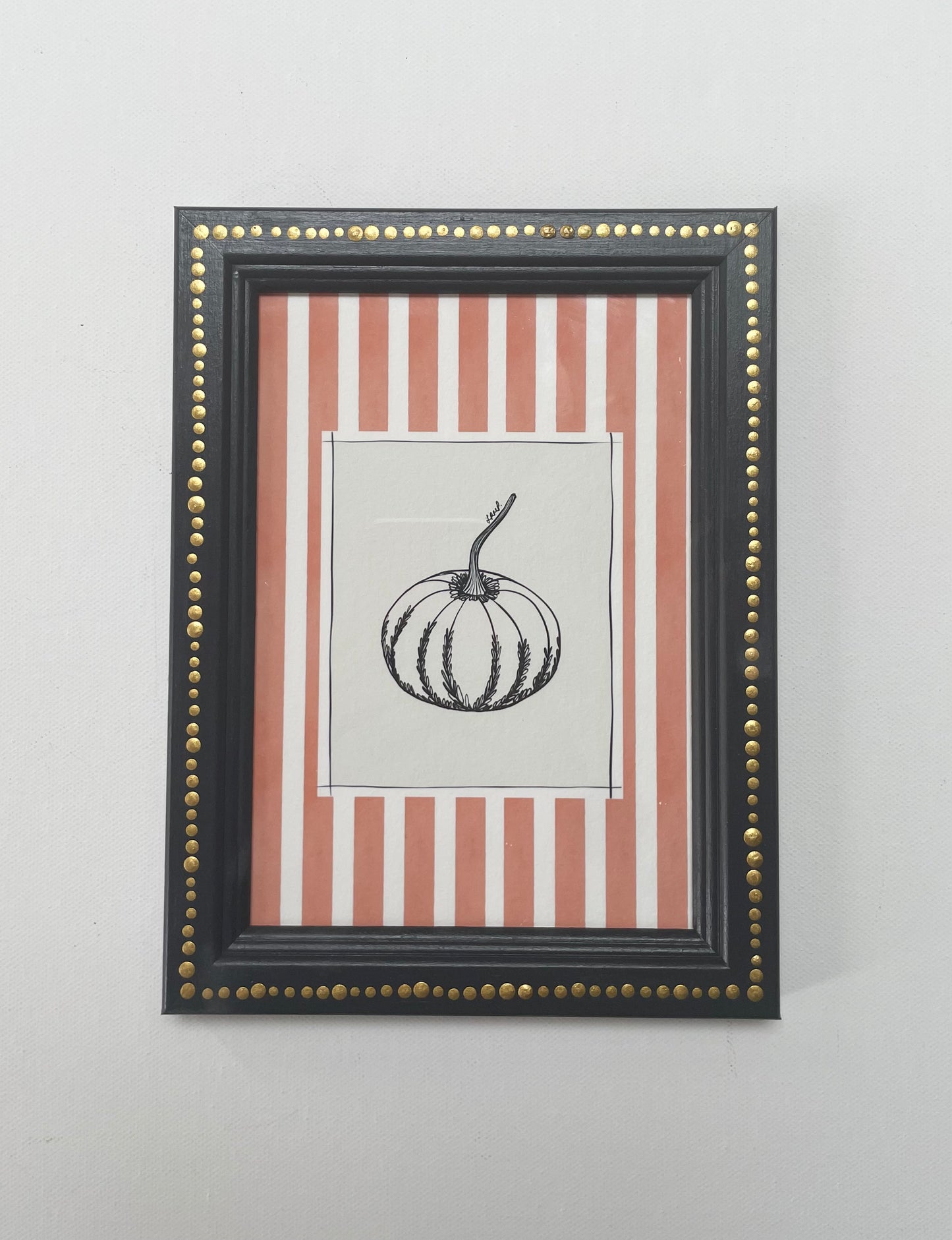 ready to hang – pumpkin with orange watercolour striped surround – framed art print by cat dearlove