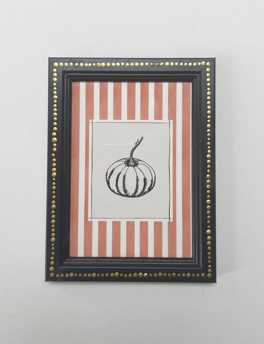 ready to hang – pumpkin with orange watercolour striped surround – framed art print by cat dearlove