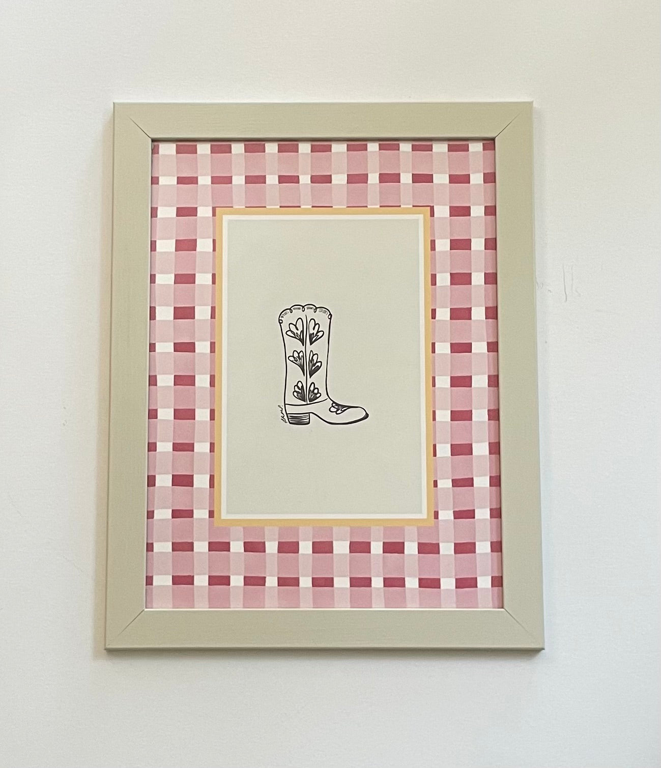 ready to hang - cowboy boot with pink/red watercolour check surround - framed art print by cat dearlove
