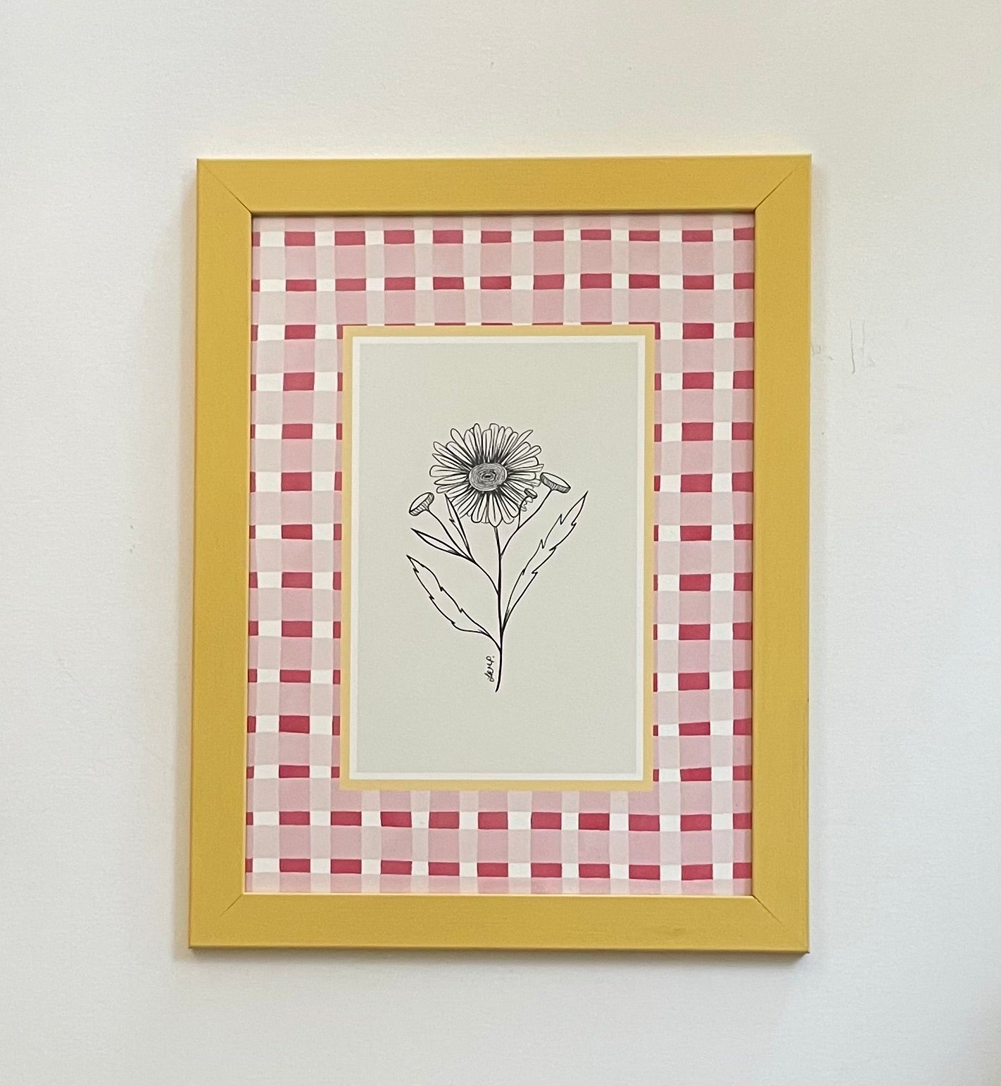 ready to hang - flower with pink/red watercolour check surround - framed art print by cat dearlove
