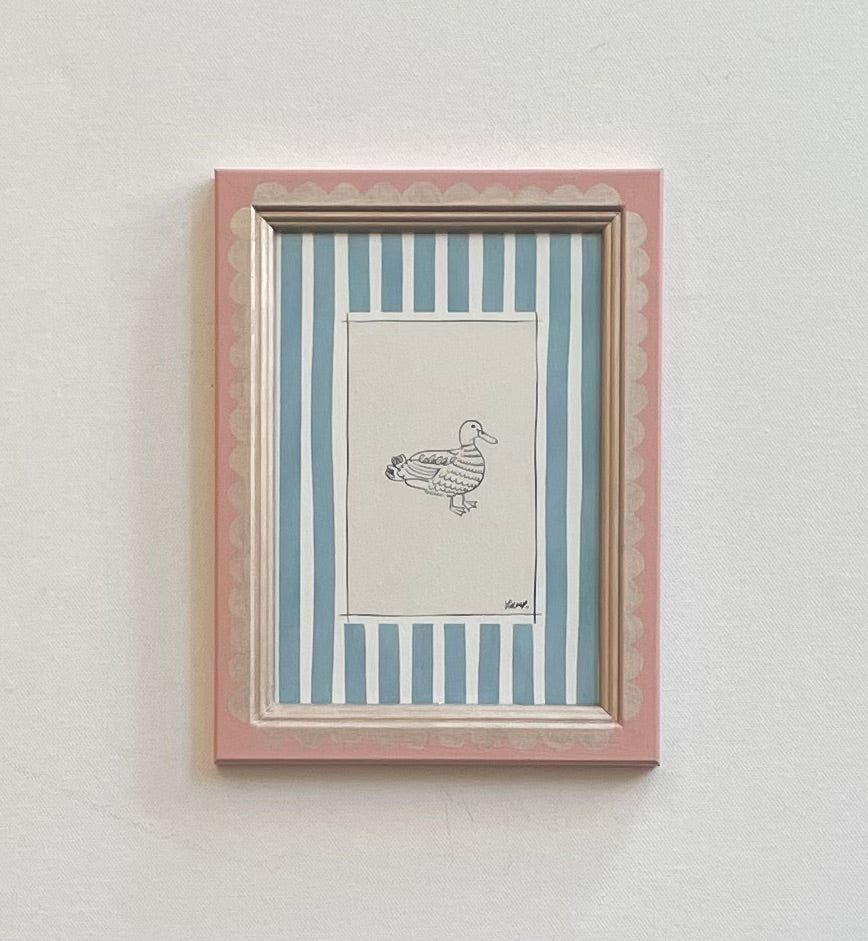 ready to hang - duck with blue watercolour striped surround - framed art print by cat dear love