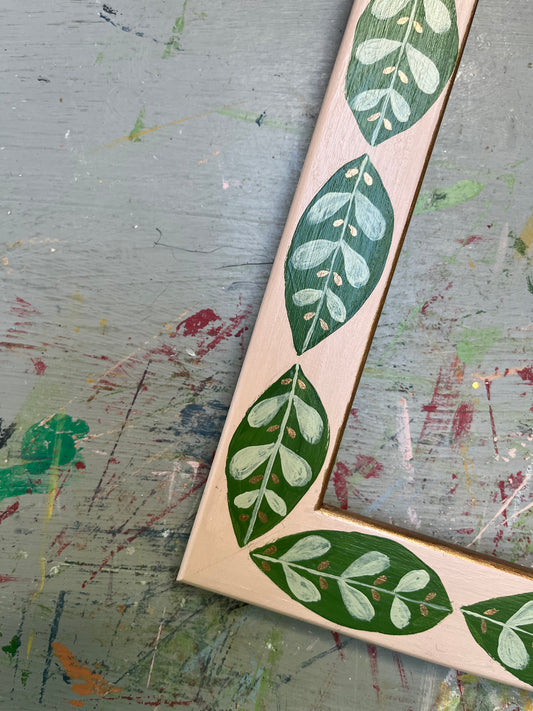 hand-painted frame - soft pink with green leaf motif