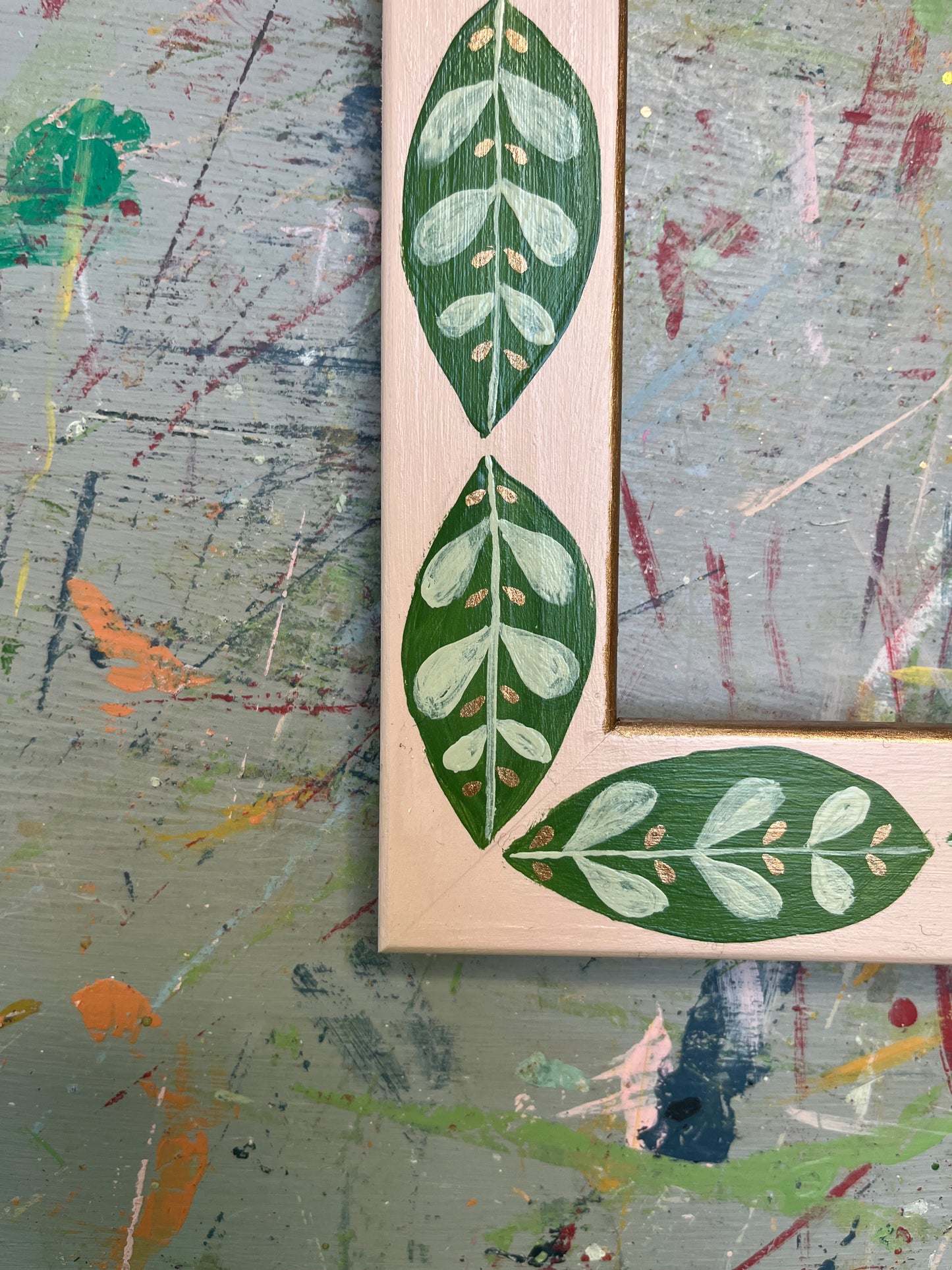 hand-painted frame - soft pink with green leaf motif