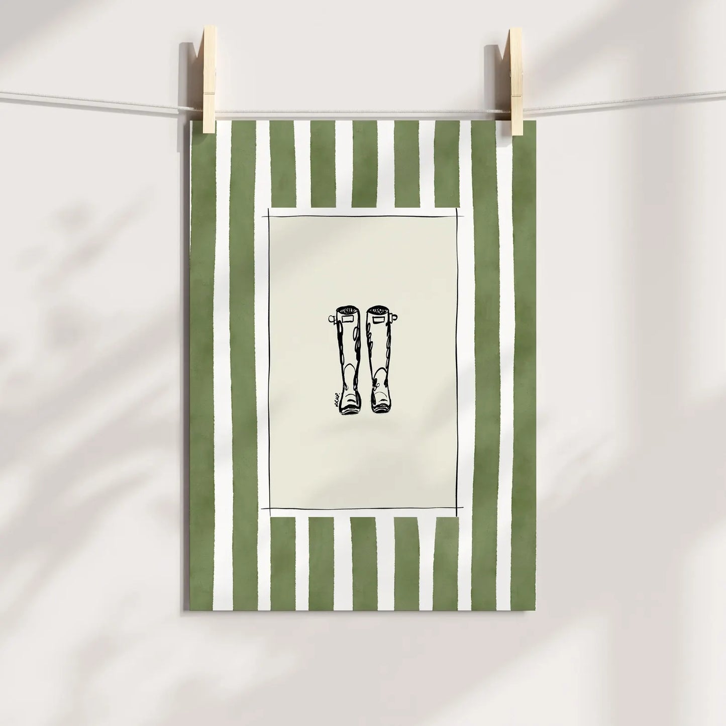 wellies with green watercolour striped surround - art print by cat dear love