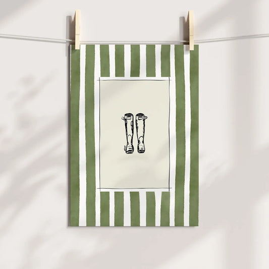 wellies with green watercolour striped surround - art print by cat dear love